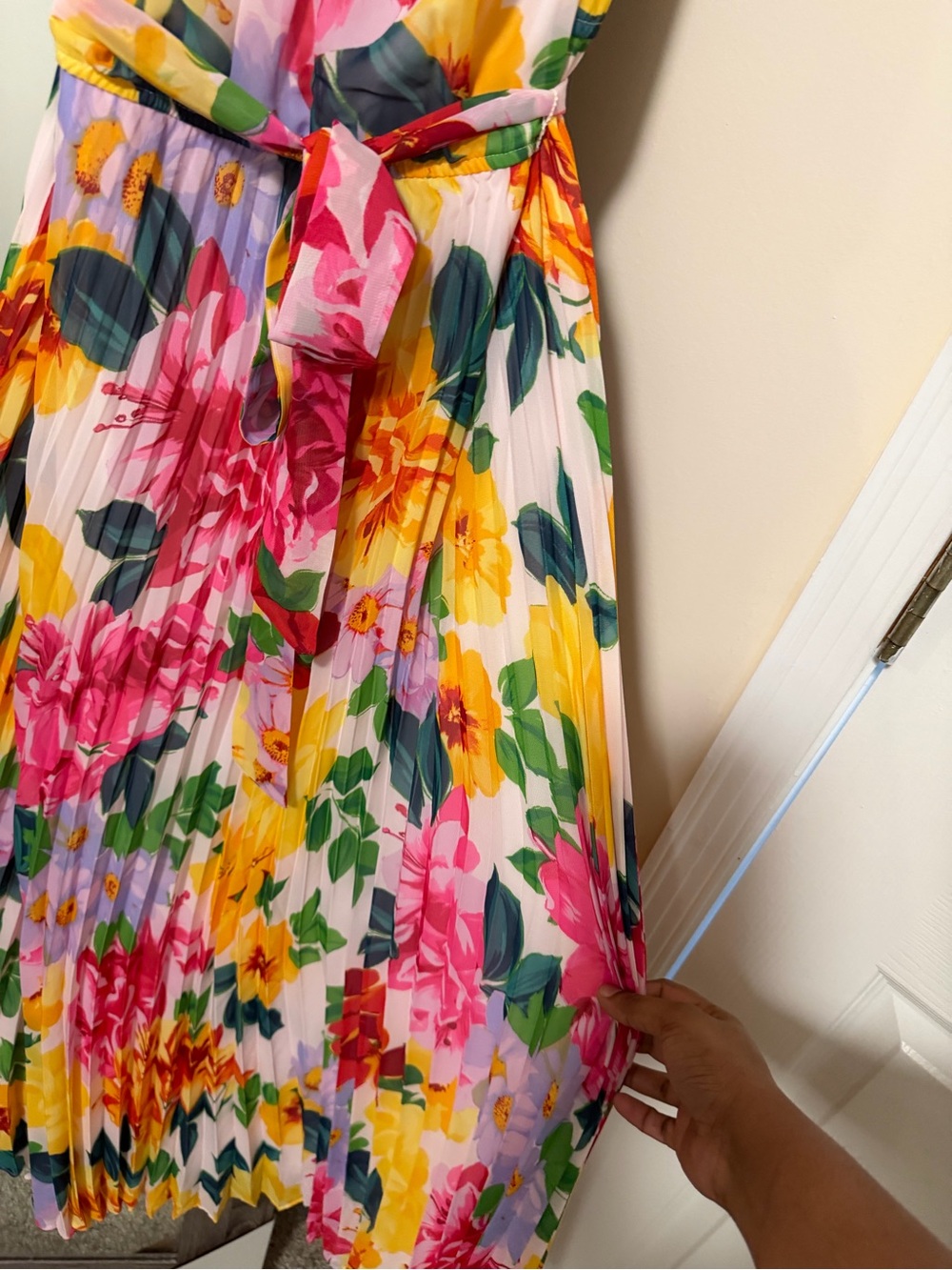 Floral Pleated Wrap Dress - Pink & Yellow - Picture 9 of 10